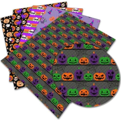 Halloween Pumpkin Ghost Bat Printed Synthetic Faux Leather Fabric Piece Diy Handicraft