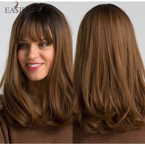 EASIHAIR Medium Chestnut Brown Synthetic Wigs for Women Natural Wave Medium Length Wigs Bangs Caramel Brown Wigs Heat Resistant