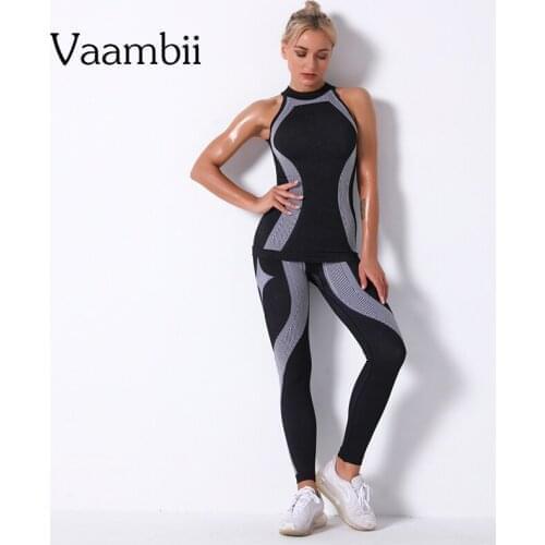 Leggings Suit For Fitness Vests Sportswear Women 2 Pieces Jogging Suits Seamless Clothes 2021 Stripe Sportwear Sport Outfit