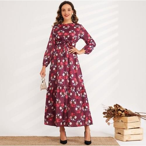 Summer New Products Ladies Fashion Sweet Long-sleeved Floral High-waisted Elastic Waist Long A-line Belted Romantic Dress