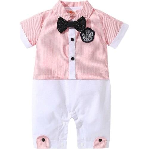 2021 Summer Boys' Gentlemens Dress Vertical Stripe Newborn Jumpsuit One Year Old Baby Lapel Climbing Suit