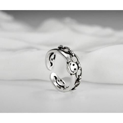 Retro Smiley Face Copper Ring Old Craft Thai Silver Chain Simple Opening Ring Unisex Exquisite Gift Jewelry