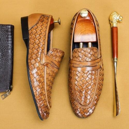 Handmade Woven Leather Shoes Mens Breathable Loafers Business Casual Soft Comfortable Shoes Men