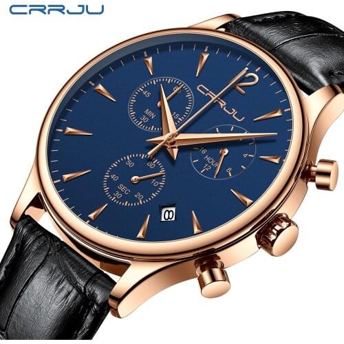 Top Luxury Brand CRRJU New Men Watch Fashion Military Chronograph Genuine Leather Quartz Wristwatch Casual Sport Date Clock