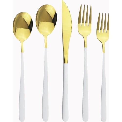 20Pcs/Set White Gold Cutlery Set 18/10 Stainless Steel Tableware Set Knife Fork Spoon Dinner Set Mirror Flatware Dinnerware Set