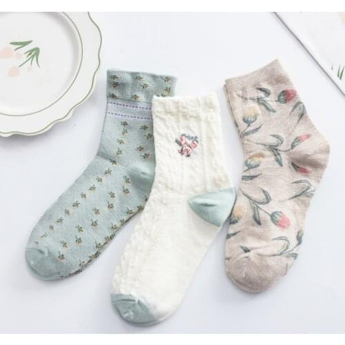 6Pcs=3Paris/Pack Tulip Floral Retro Cute Womens Cotton Socks Breathable Cozy Little Flowers Sweet Maidens Short Socks Wholesale