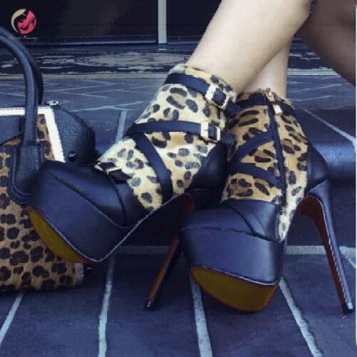 Original Intention Fashion Leopard Mixed Color Black ANkle Boots Woman High Platform Stiletto High Heels Round Toe Sexy Shoes