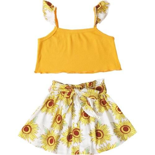 1-6Y Fashion Girls Summer Clothing Sets Children Kids Girls Sleeveless Crop Tops+Sunflower Printed Skirt Outfit 2pcs