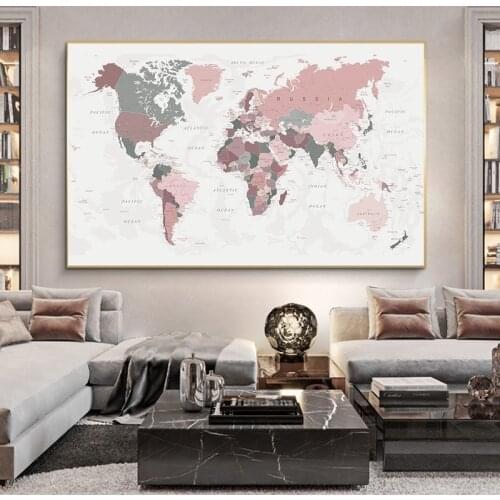Posters World Map Print White background Pink Colors Wall Art Canvas Painting Wall Decor Picture for Living Room Decoration