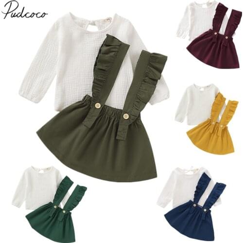 Infant Kids 1-6Years Baby Girl Long Sleeve + Strap Dress Simple Solid Color Lotus Leaf Decoration Spring Autumn Clothing