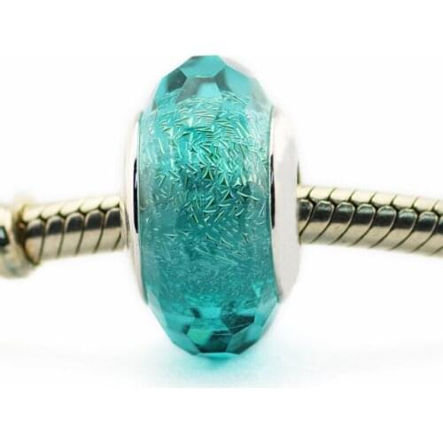 Fits Brand Bracelets Beads for Jewelry Making DIY Sterling-Silver-JEWELRY Teal Shimmer Murano Glass Bead Clear CZ Charms Kralen