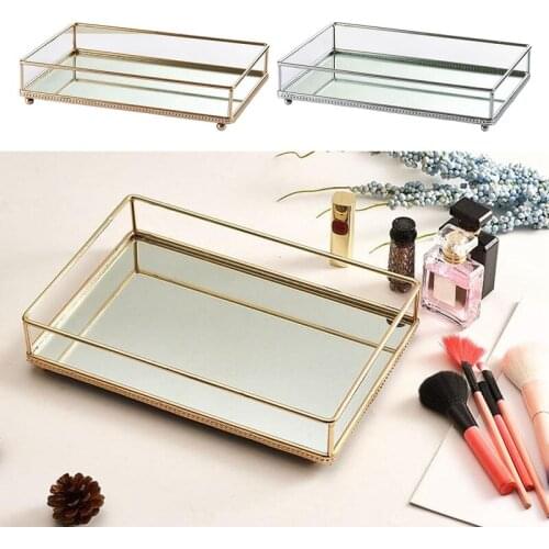 Nordic Retro Storage Tray Gold Rectangle Glass Makeup Organizer Tray Dessert Plate Jewelry Display Storage Box