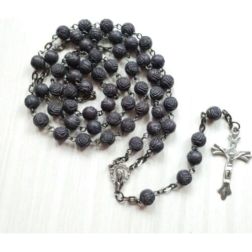 QIGO Gray Acrylic Beaded Necklace Cross Pendant Long Rose Flower Rosary Necklace Catholic Jewelry