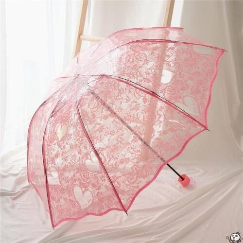 Three Fold Transparent Princess Women Rain Umbrella Romantic Lace Heart Print Thicken PVC Clear Umbrellas Lovers Girls Gifts