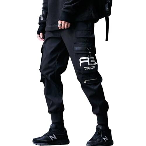 Men Black Pants Side Pockets Harem Pants Tatical Hip Hop Casual Ribbons Male Joggers Cotton Trousers Streetwear Pants