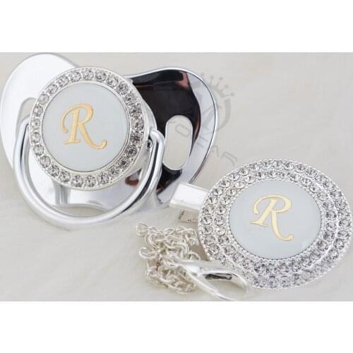 MIYOCAR silver Initial letter R elegant bling pacifier and pacifier clip BPA free dummy bling ideal gift SGS pass LR-1