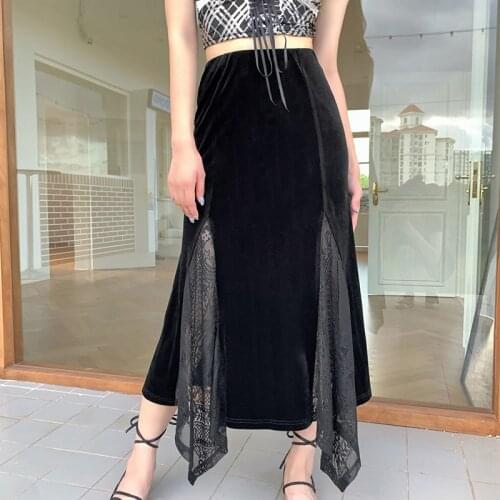 Unique Fashion Lace Patchwork Ruffled Velvet Skirt Elegant Medium Long Velour Skirt