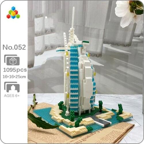 YZ 052 World Architecture Dubai Burj Al Arab Hotel Tower Sea Model Mini Diamond Blocks Bricks Building Toy for Children no Box