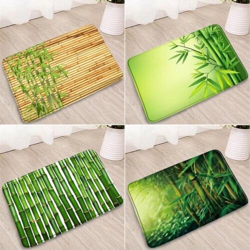 Green Bamboo Bathroom Mats Plants Forest Road Tree Leaves Doorway Rug Kitchen Bedroom Flannel Absorbent Non-Slip Carpet Washable