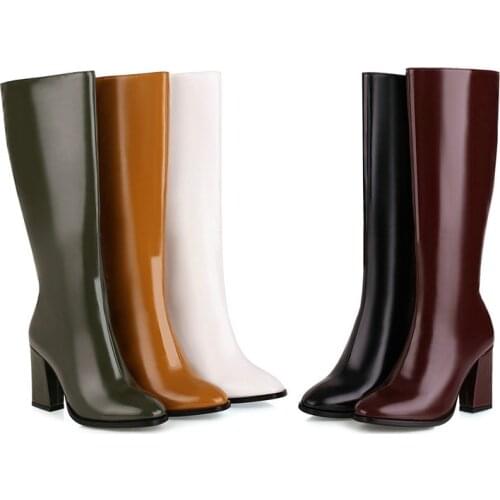Yellow Green White Black White Women Knee High Boots PU Leather Pointed Toe Ladies Long Boots Short Plush Women Winter Boots