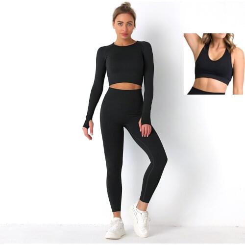 2/3/PCS Seamless Women Fitness Set Workout Sportswear Gym Clothes Fitness Long Sleeve Crop Top High Waist Leggings Sports Bra Su