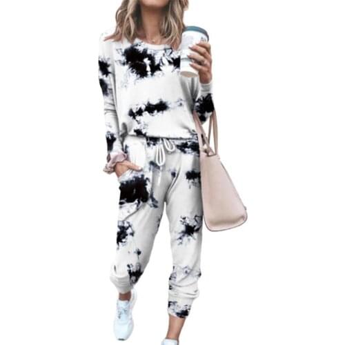 2020 New 2Pcs Women Tie Dye Jogger Suit Long Sleeve Round Neck Pants Sleepwear Loungewear Womens clothing пижама женская