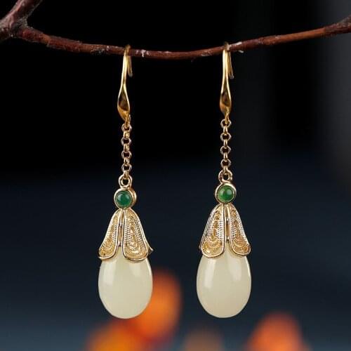 100%S925 sterling silver inlaid natural hetian earrings free shipping