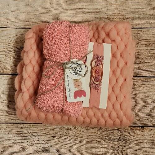 45x40cm Handcraft Soft Baby Photo Blanket+140*30cm Stretch Knit Infant Wrap Matched Cotton Headband for Newborn Photography Prop