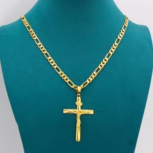 Real 10k Yellow Solid Fine Solid Gold GF Jesus Cross Crucifix Charm Big Pendant 55*35mm Figaro Chain Necklace 24" 600*6mm