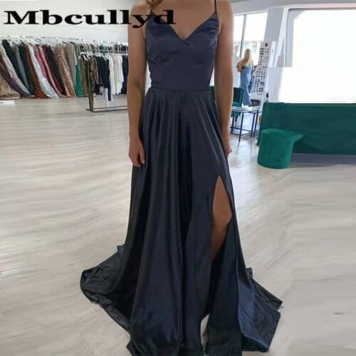 Mbcullyd Black Satin Prom Dresses With Side Split 2020 Long Formal Evening Party Dress For Women Cheap Plus Size robe de soiree