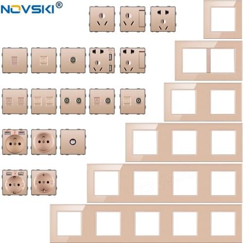 DIY Assembling Socket Switch, Crystal Glass Panel Data Plug Hybrid Wall Mount Socket Multi Frame, EU 3 Way Rocker Switch, Gold