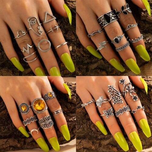 Docona 5 Style Trendy Black Rhinestone Finger Rings Set for Women Flower Butterfly Leaf Alloy Ring Party Jewelry Anillos кольца