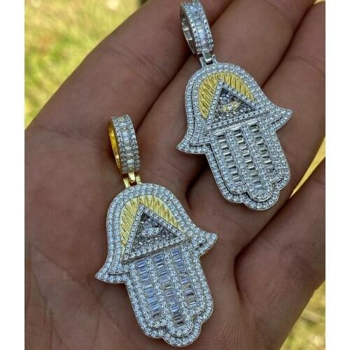 Two Tone Gold Color Micro Pave 5A Cubic Zirconia Iced Out Bling Lucky Turkish Evil Eye Hamsa Hand Pendant Necklace
