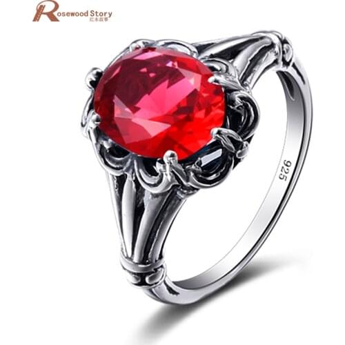 Real 925 Sterling Silver Jewelry Vintage Ring for Momen Engraved Lab Ruby Austrian Crystal Ring Men Fine Jewelry Wedding Party