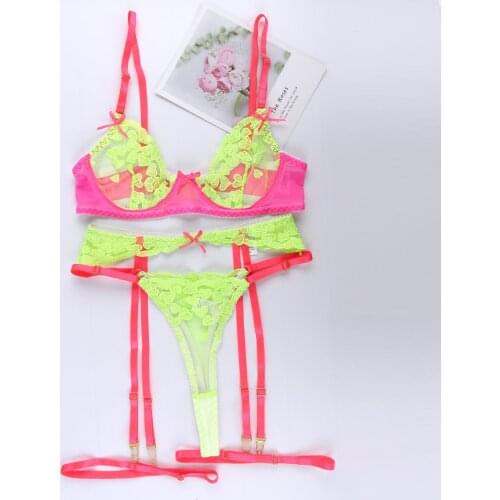 4 Pieces Set Women Sexy Neon Lace Embroidery Underwear Garter See-Through Erotic Costumes Sensual Lingerie Exotic Underwire Suit