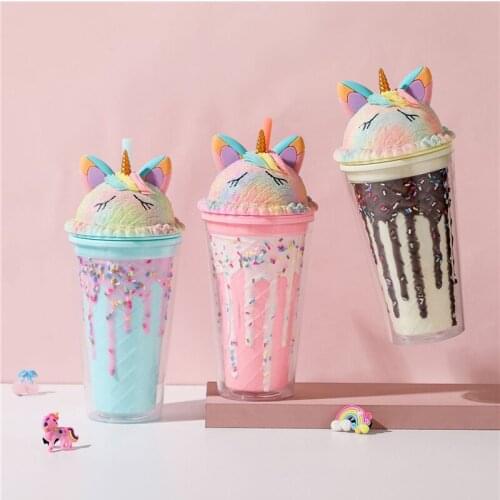 Lovely Adult Kids Water Bottle Double-Layer Cartoon Unicorn Water Cup with Straw 450ML
