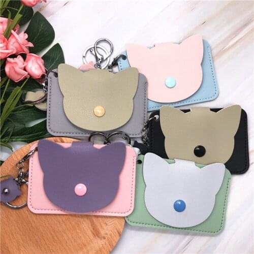 Cute Cat Pu Leather Women Card Holder Student Bus Card ID Card Pass Cover Keychain Girl Money Bag Bank Credit Card Case Protect