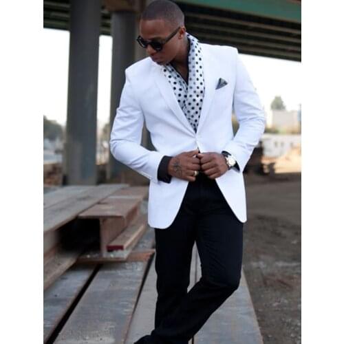 ANNIEBRITNEY White 2 Piece Slim Fit Men Suit With Black Pants Tailor Made Skinny Groom Wedding Tuxedo Prom Wedding Men Suit Set