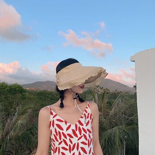 Summer Beach Hats Women Large Wide Brim Cotton Linen Foldable Empty Top Hat Adjustable Anti-UV Sun Visor Cap Female Gorros