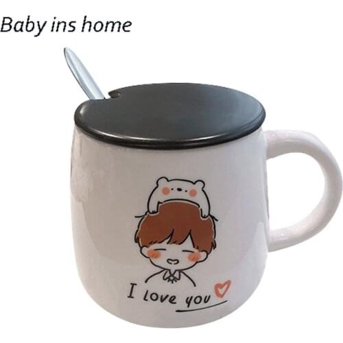 Boys and Girls Kawaii Mugs 390ml Cute Ins Ceramic Cup Student Korean Style Cartoon Mug with Lid and Spoon Coffee Mug Couple Cup