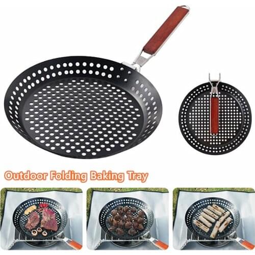 1Pc Outdoor Camping Foldable Round Frying Pan Picnic BBQ Heat Resistant Steak Grilled Skillet