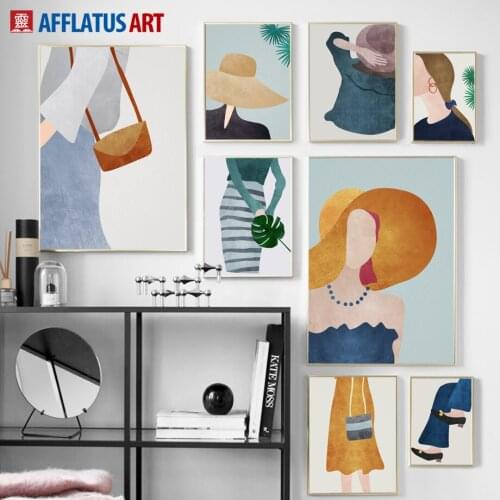 Vintage Abstract Girl Palm Leaf Monstera Wall Art Canvas Painting Nordic Posters And Prints Wall Pictures For Living Room Decor