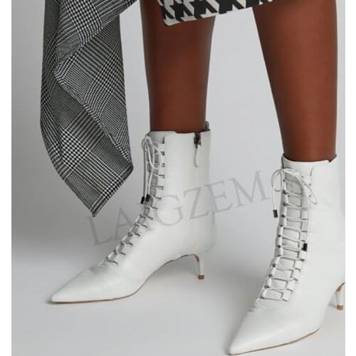 LAIGZEM Women Ankle Boots Spring Kitten Heels Side Zip Botas Chaussure 6.5CM Boots Shoes Woman Botas Mujer Large Size 39 45 47