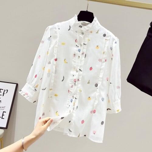 Fruit Printed Chiffon Women White Shirts Summer New 2021 Ruffles Neck Half Sleeved Loose Sweet Style Office Lady Elegant Tops
