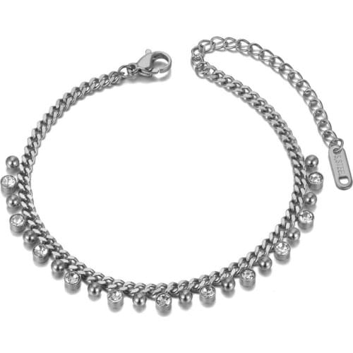 Sparkling CZ Crystal & Ball Charm Bracelets Bangles For Women Stainless Steel Link Chain Bohemia Beach Bracelet B20179