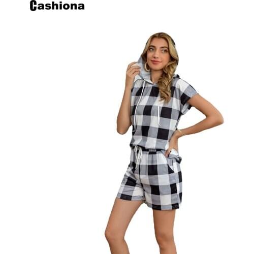 Plus size 4xl 5xl Women Tracksuit 2021 Summer Classic Plaid Top Streetwear Lace-up Casual Shorts Set Woman Two Piece Outfits