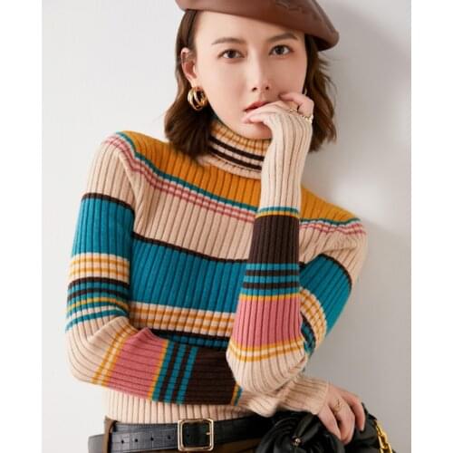 Womens Turtleneck Sweater Autumn/Winter New Elegant Rainbow Striped Pullover Sweater Women OL Commuter Bottom Shirt Pull Femme