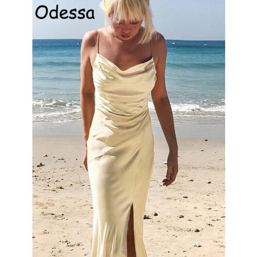Odessa Satin Split Spaghetti Srap Dress Women Sexy Party Midi Dresses Ladies Backless Casual Vestidos Robe Spring Summer 2021