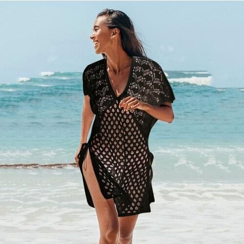 Women Summer Sun-Proof Dress Beach Cover Ups Solid Color Hollow V-Neck Short Sleeves Swimsuit Bathing Suit For Mujer