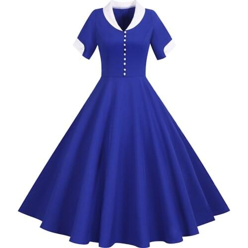 50s 60s Blue Button Up Summer Casual Solid Dresses for Women Fit and Flare Vintage Robe Elegant Polyester Rockabilly Dress 2021